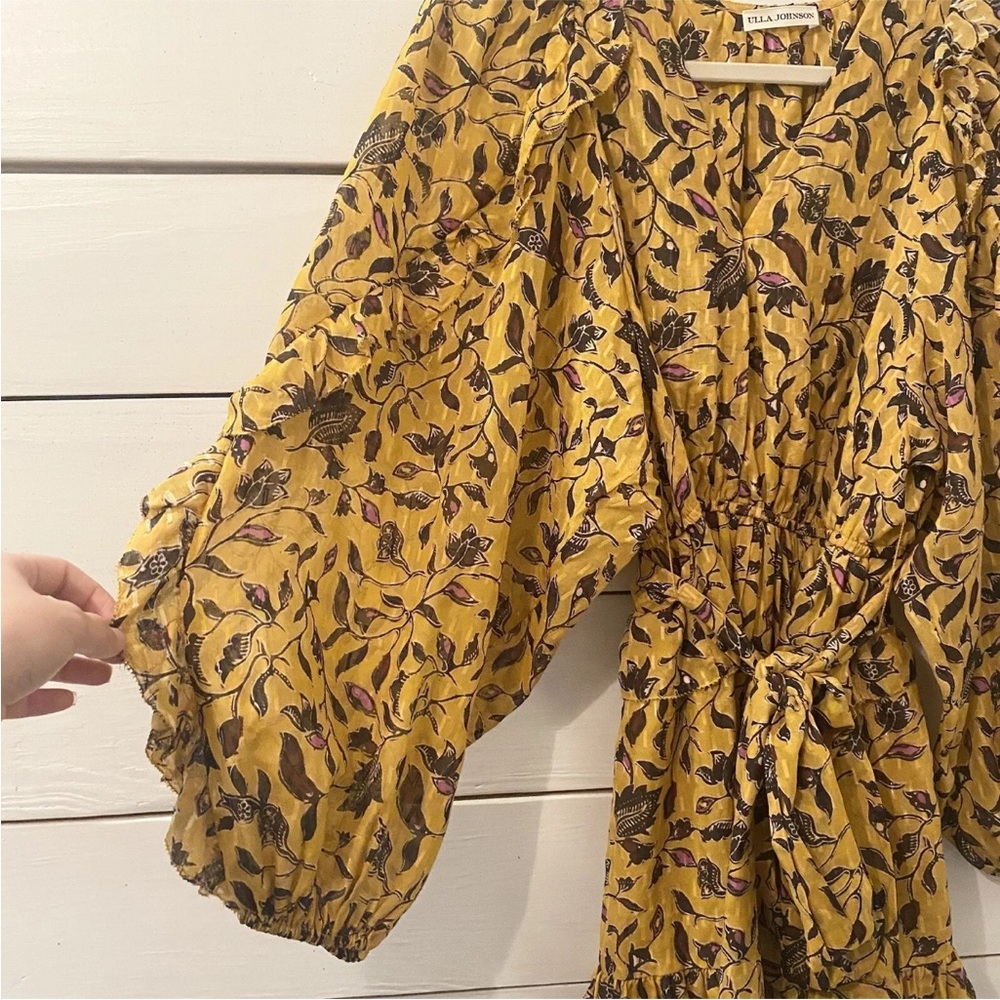 Ulla Johnson Maita Yellow Floral Ruffle Long Sleeve Silk Mini Dress - Size 2. - Picture 6 of 9
